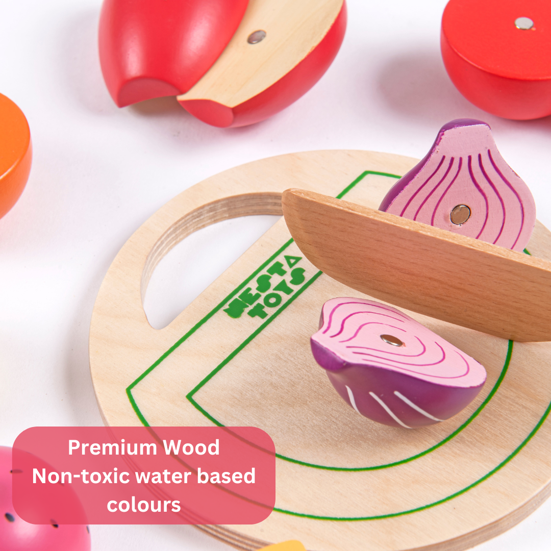 wooden fruit and vegetable toys, wooden play food, pretend food toys, kitchen toys, toddler toys, preschool toys, educational toys, healthy eating toys, imaginative play, wooden toys, cutting fruit toys, play food set, Waldorf toys, Montessori toys, nesta toys