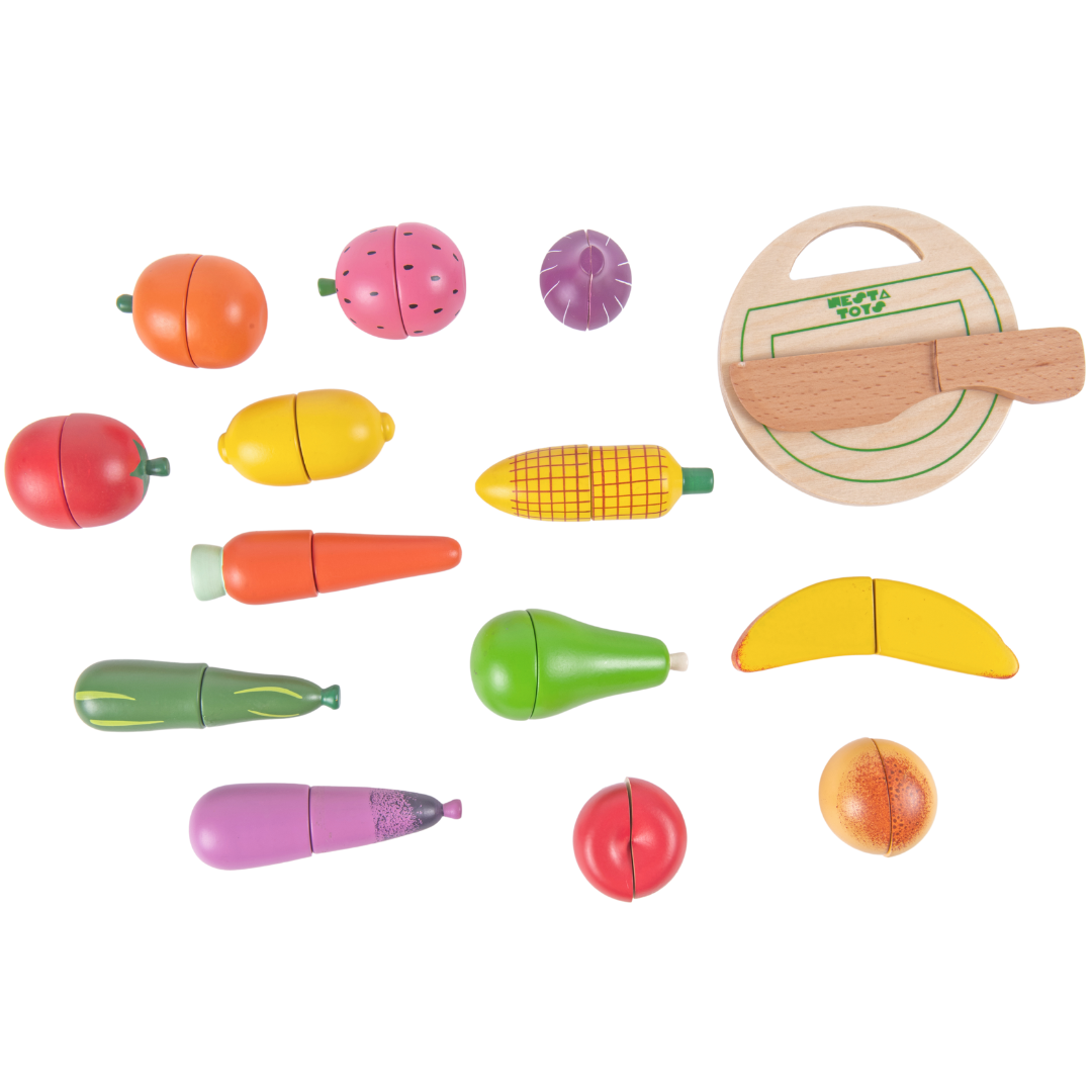 wooden fruit and vegetable toys, wooden play food, pretend food toys, kitchen toys, toddler toys, preschool toys, educational toys, healthy eating toys, imaginative play, wooden toys, cutting fruit toys, play food set, Waldorf toys, Montessori toys, nesta toys