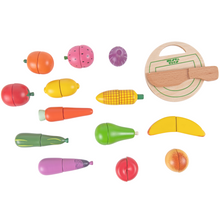 Load image into Gallery viewer, wooden fruit and vegetable toys, wooden play food, pretend food toys, kitchen toys, toddler toys, preschool toys, educational toys, healthy eating toys, imaginative play, wooden toys, cutting fruit toys, play food set, Waldorf toys, Montessori toys, nesta toys
