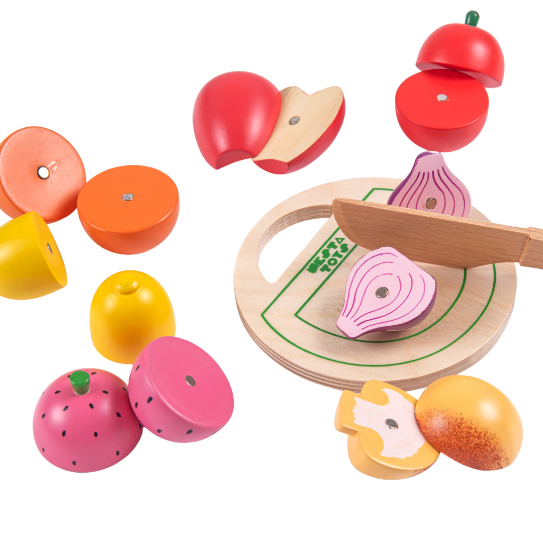 wooden fruit and vegetable toys, wooden play food, pretend food toys, kitchen toys, toddler toys, preschool toys, educational toys, healthy eating toys, imaginative play, wooden toys, cutting fruit toys, play food set, Waldorf toys, Montessori toys, nesta toys