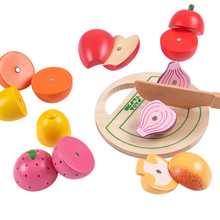 Load image into Gallery viewer, wooden fruit and vegetable toys, wooden play food, pretend food toys, kitchen toys, toddler toys, preschool toys, educational toys, healthy eating toys, imaginative play, wooden toys, cutting fruit toys, play food set, Waldorf toys, Montessori toys, nesta toys
