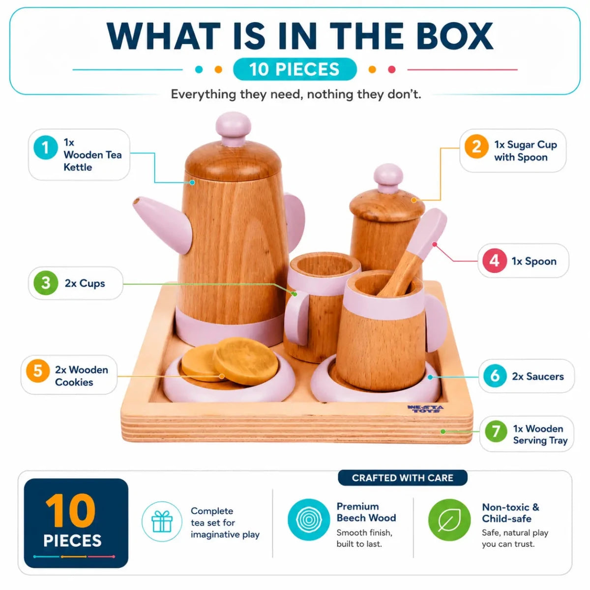 Wooden Tea Set Toy (10 Pcs) - NESTA TOYS