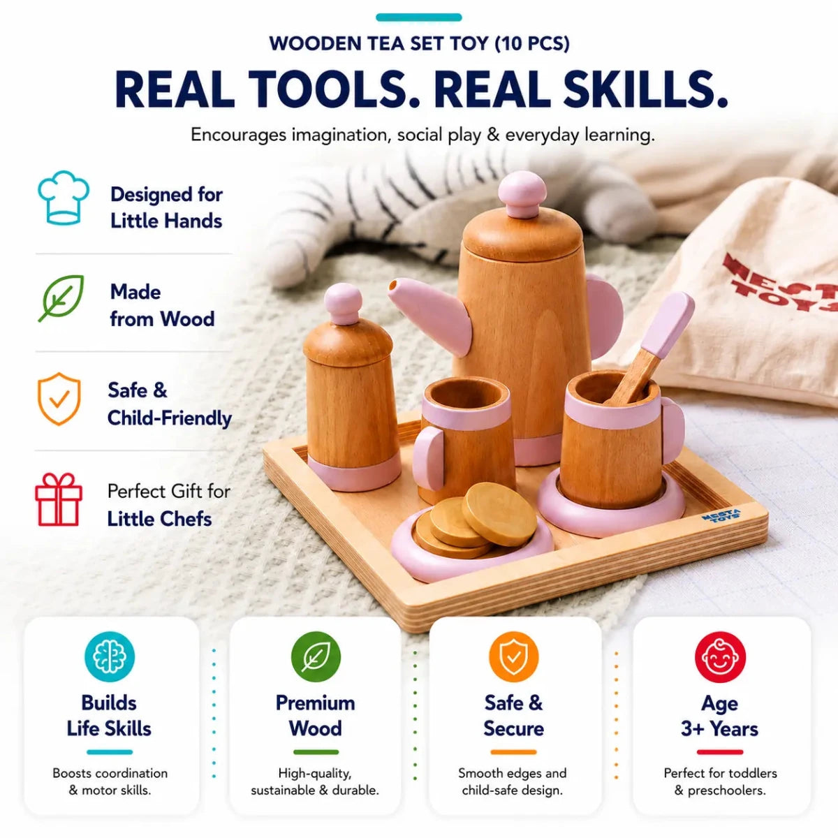 Wooden Tea Set Toy (10 Pcs) - NESTA TOYS