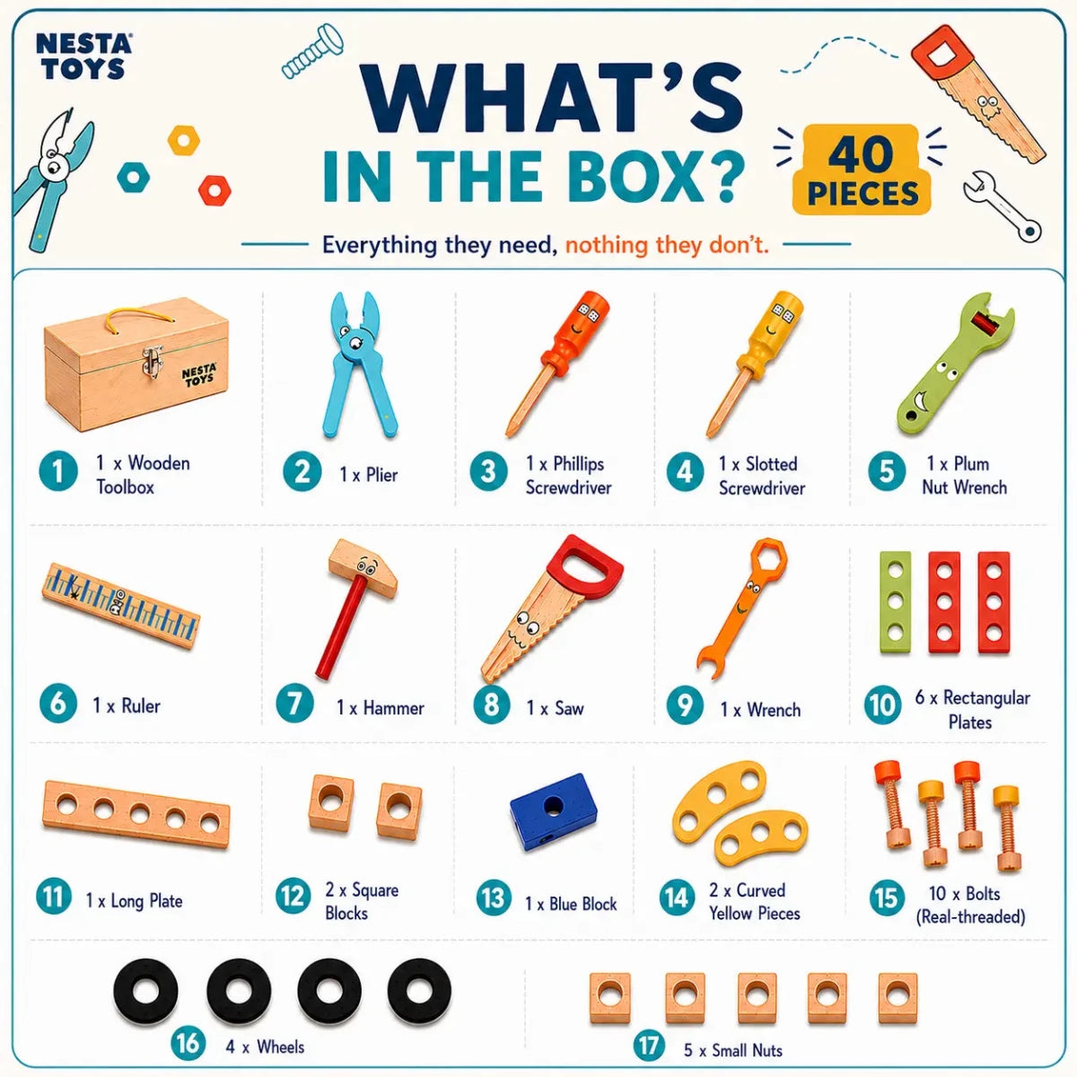 Wooden Tool Kit Toy with Tool Box (40 Pcs) - NESTA TOYS