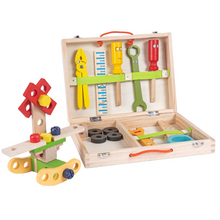 Load image into Gallery viewer, wooden tool kit, toddler toys, preschool toys, pretend play, wooden toys, eco-friendly toys, educational toys, construction toys, fine motor skills, imaginative play, channapatna toys, nesta toys

