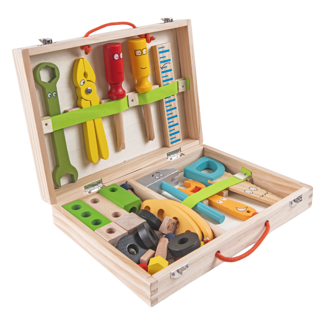 wooden tool kit, toddler toys, preschool toys, pretend play, wooden toys, eco-friendly toys, educational toys, construction toys, fine motor skills, imaginative play, channapatna toys, nesta toys