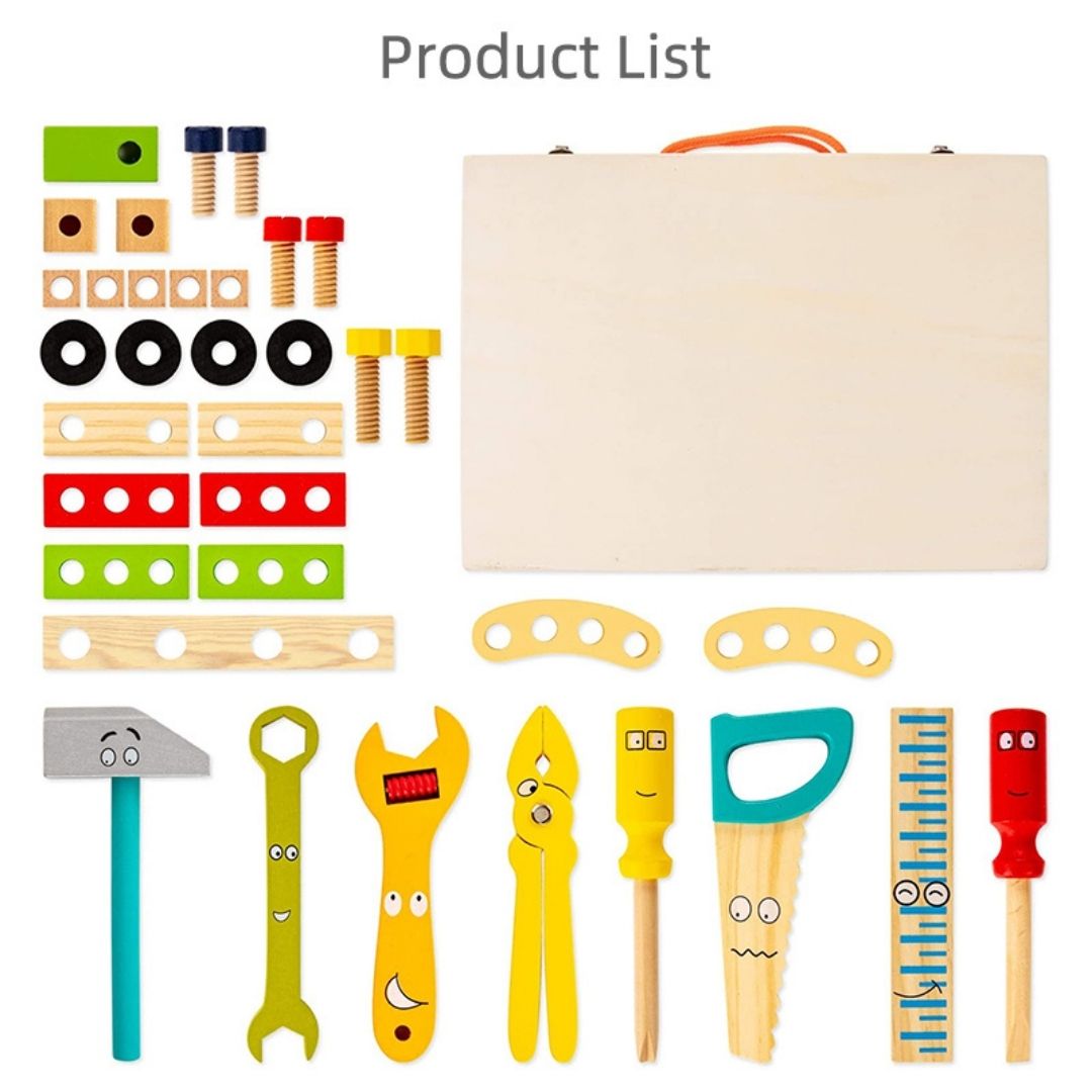 wooden tool kit, toddler toys, preschool toys, pretend play, wooden toys, eco-friendly toys, educational toys, construction toys, fine motor skills, imaginative play, channapatna toys, nesta toys