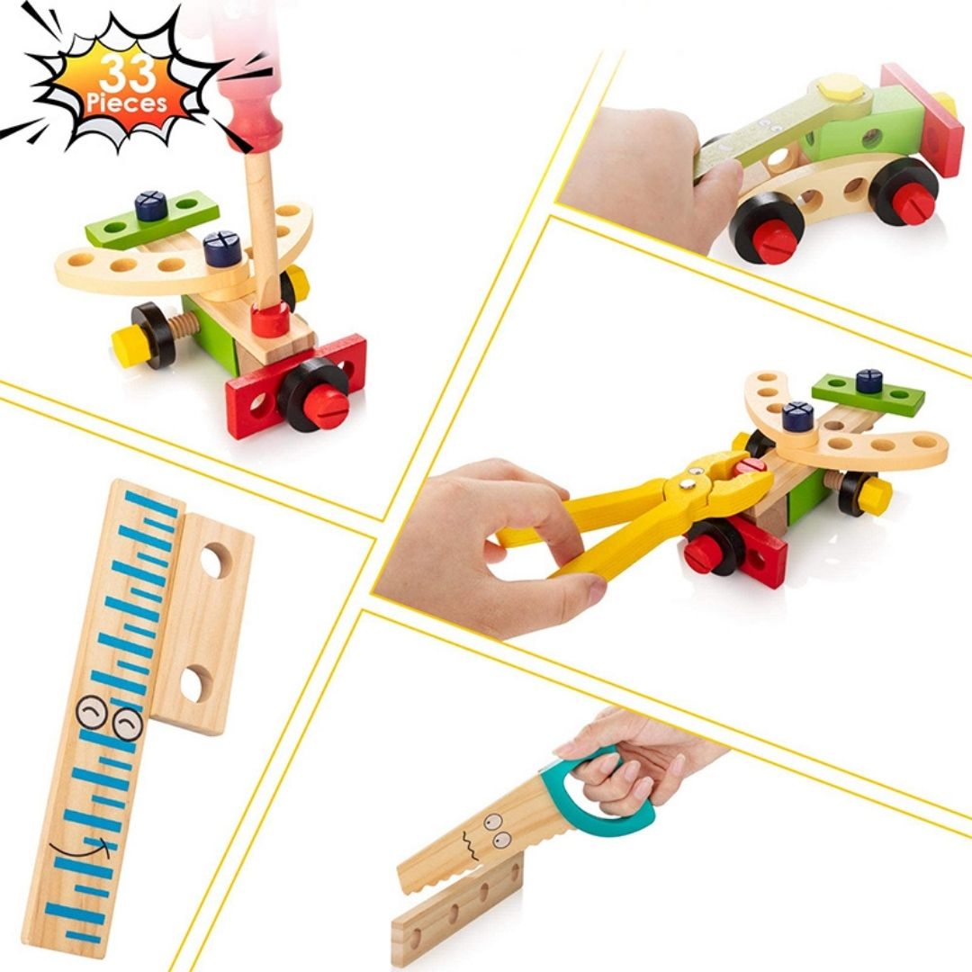 wooden tool kit, toddler toys, preschool toys, pretend play, wooden toys, eco-friendly toys, educational toys, construction toys, fine motor skills, imaginative play, channapatna toys, nesta toys