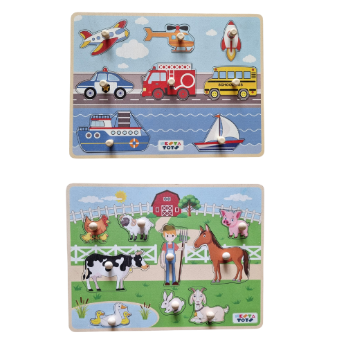 Wooden Vehicle & Farm Animal Puzzle Combo | Jumbo Knob Puzzle (8 Pcs)