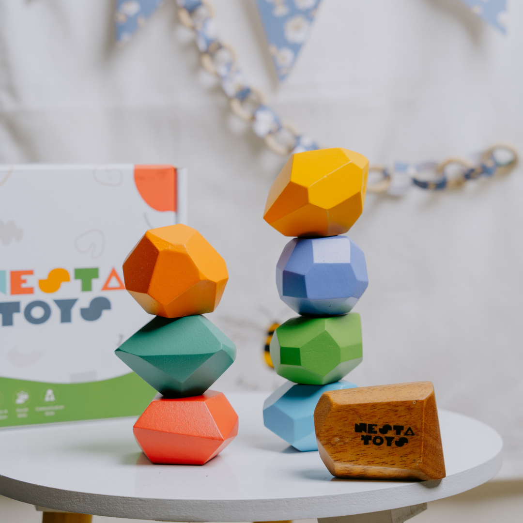 Wooden Stone Balancing Blocks | Rainbow Stacking Sensory Toy (8 Pcs) - nestatoys
