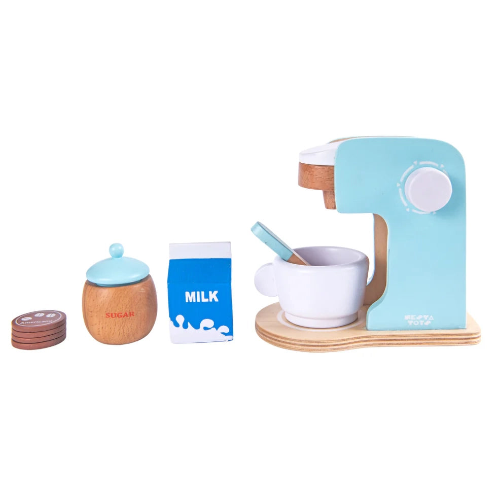 NESTA TOYS Wooden Coffee Machine Toy, educational role-playing toy for imaginative kitchen activities and fine motor skill development.