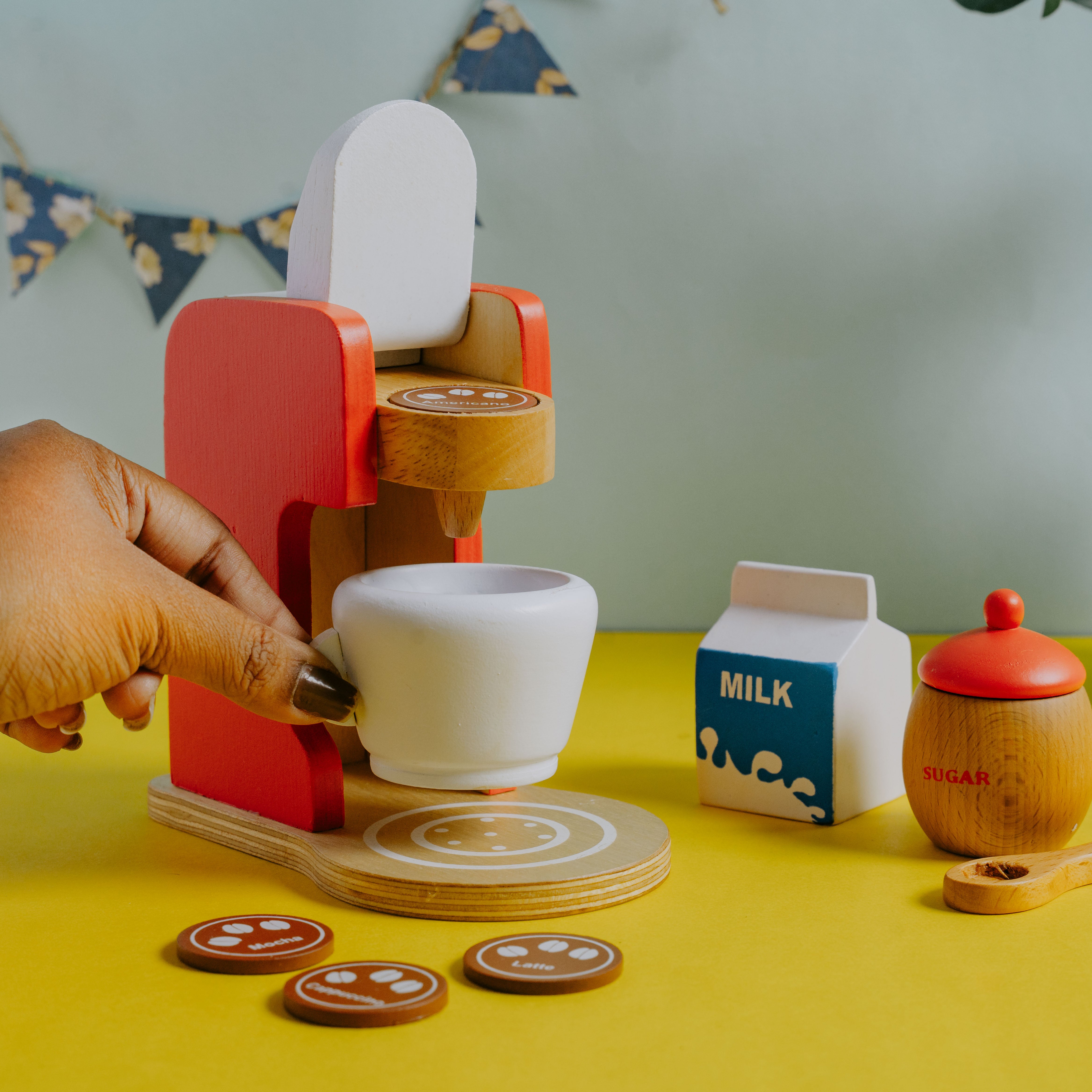 Wooden Coffee Maker Toy, Pretend Play, Kitchen Toys, role play toys, buy toys online, made in india toys, nesta toys, toys for kids, gifts for kids,  toys girls, toys boys, kitchen set toy, cooking toy, play fruits, play vegetables, play food
