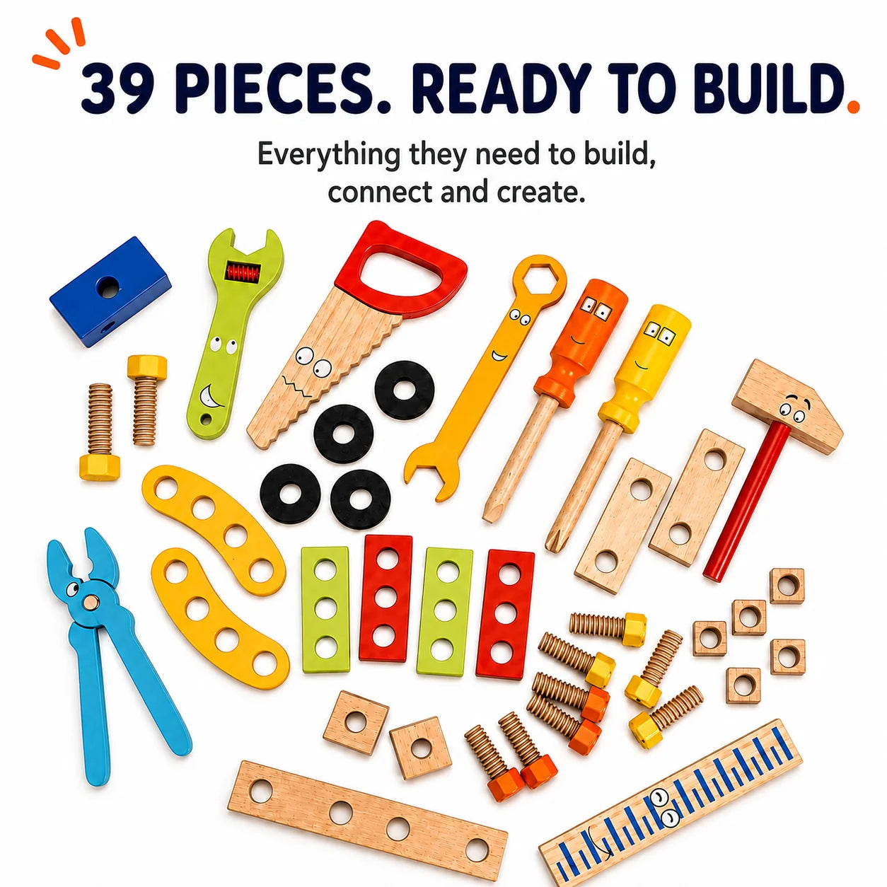NESTA TOYS 39-piece wooden tool kit for kids with wooden construction pieces, screws, wheels and building tools