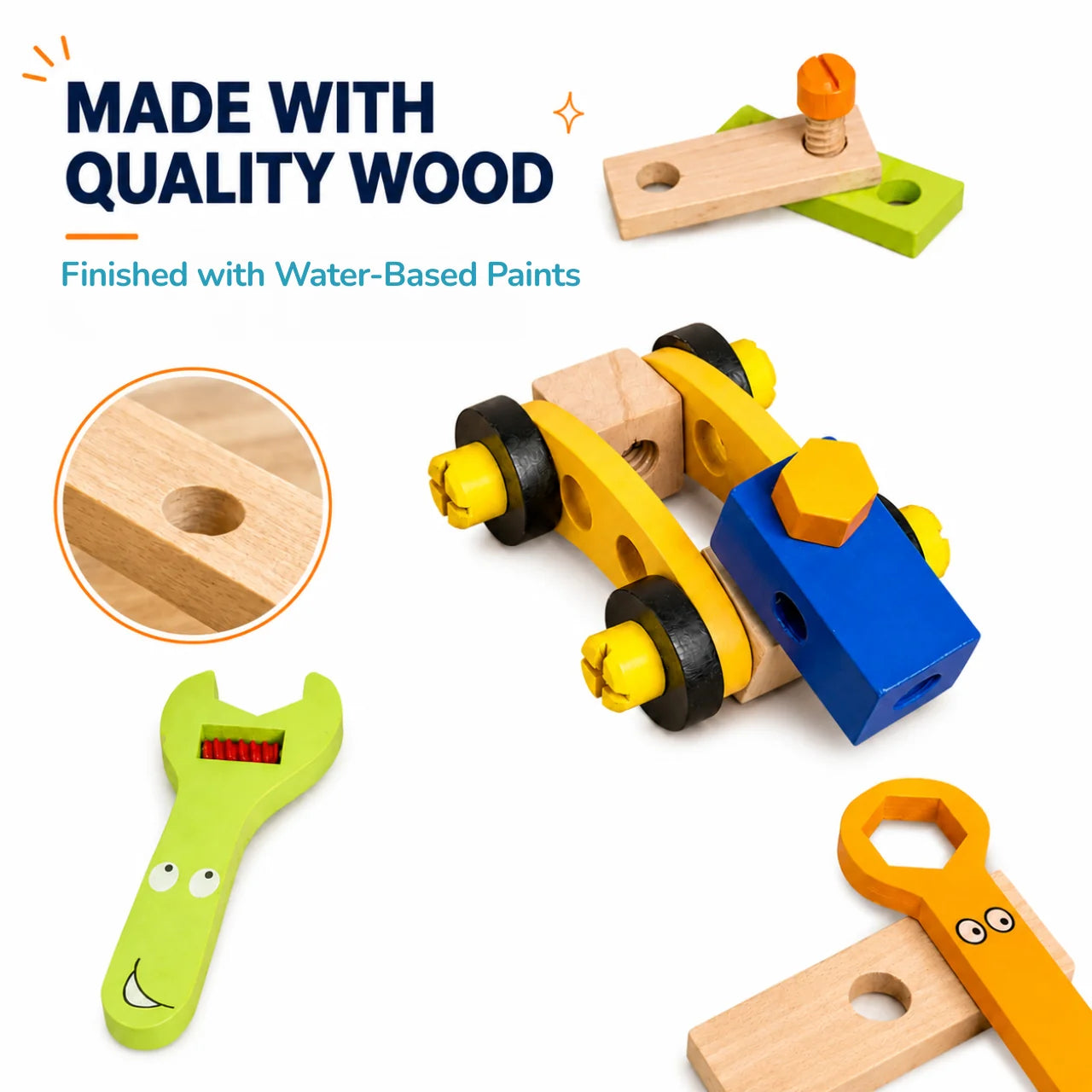 NESTA TOYS wooden tool kit made with birch plywood and beech wood with water-based painted construction pieces