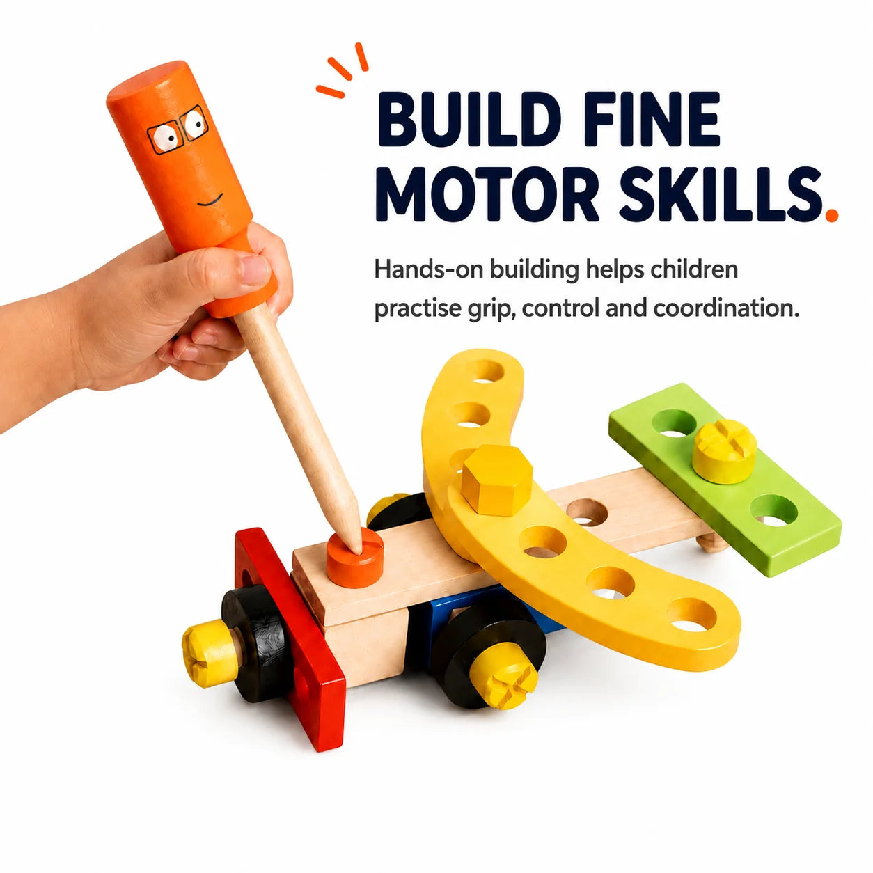 NESTA TOYS wooden construction tool kit showing hands-on building with a screwdriver and colourful wooden pieces