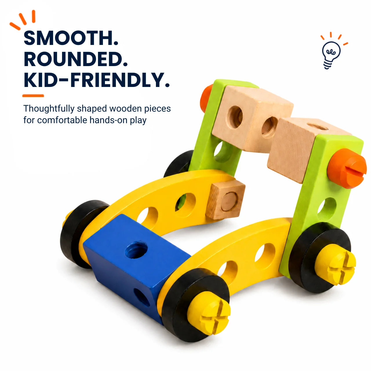 NESTA TOYS wooden construction toy showing an imaginative vehicle build made from interchangeable wooden pieces