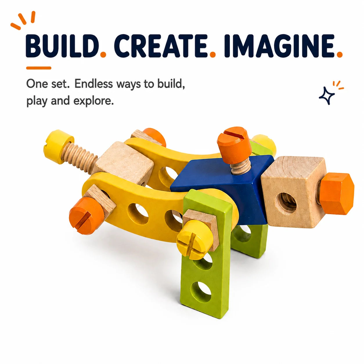 NESTA TOYS wooden construction toy showing an imaginative dog pet build made from interchangeable wooden pieces