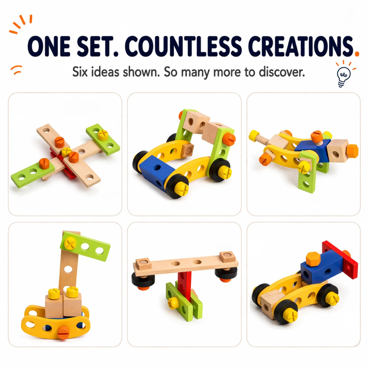NESTA TOYS 39-piece wooden construction toy showing six different builds made from interchangeable wooden pieces
