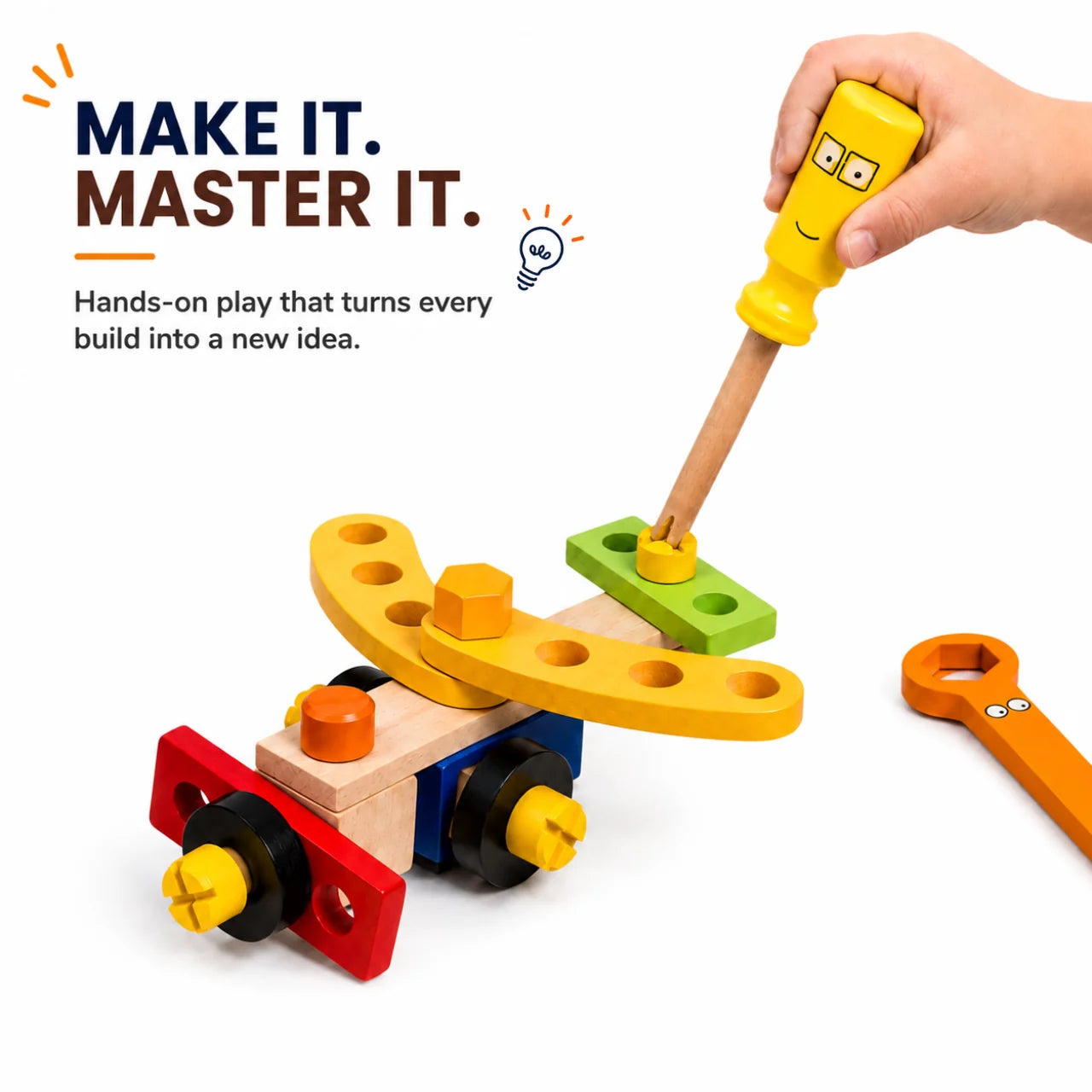 NESTA TOYS wooden construction tool kit showing hands-on building with a child-friendly screwdriver and wooden vehicle