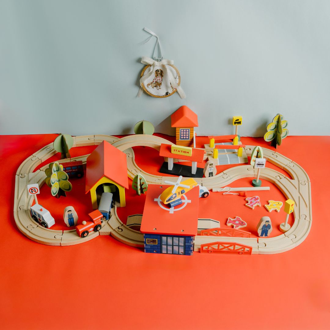 NESTA TOYS 69-Piece Wooden Train Track Set with Vehicles, Bridges, People, and Buildings for Kids Aged 3+ Years, Wooden train Toy, car toys, vehicle toy, train set for kids