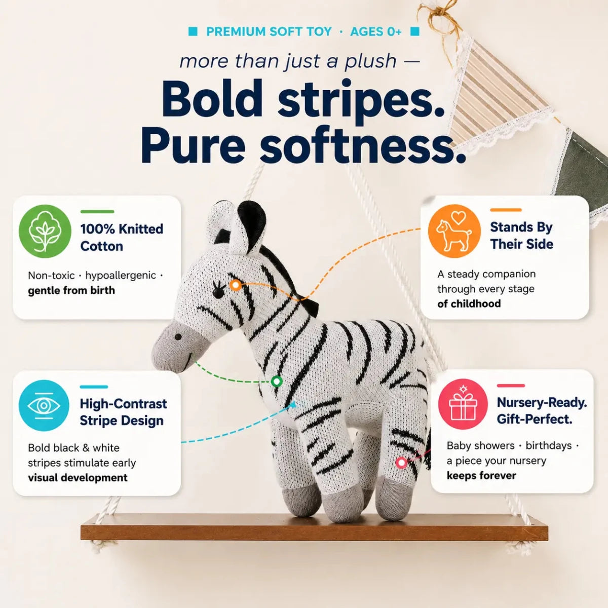Zippy the Zebra - Knitted Cotton Animal Plush Toy for Kids - NESTA TOYS