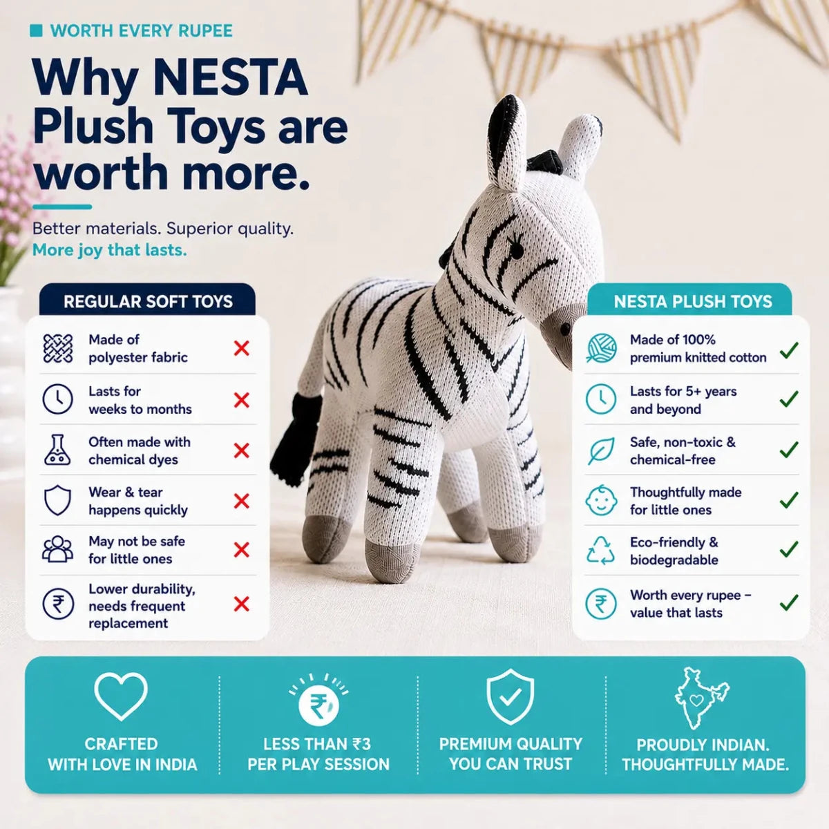 Zippy the Zebra - Knitted Cotton Animal Plush Toy for Kids - NESTA TOYS