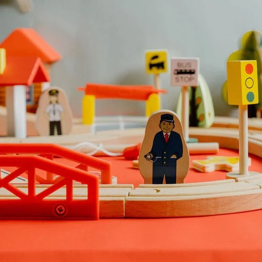 Wooden train track toy set with vehicles designed for creative and open-ended play