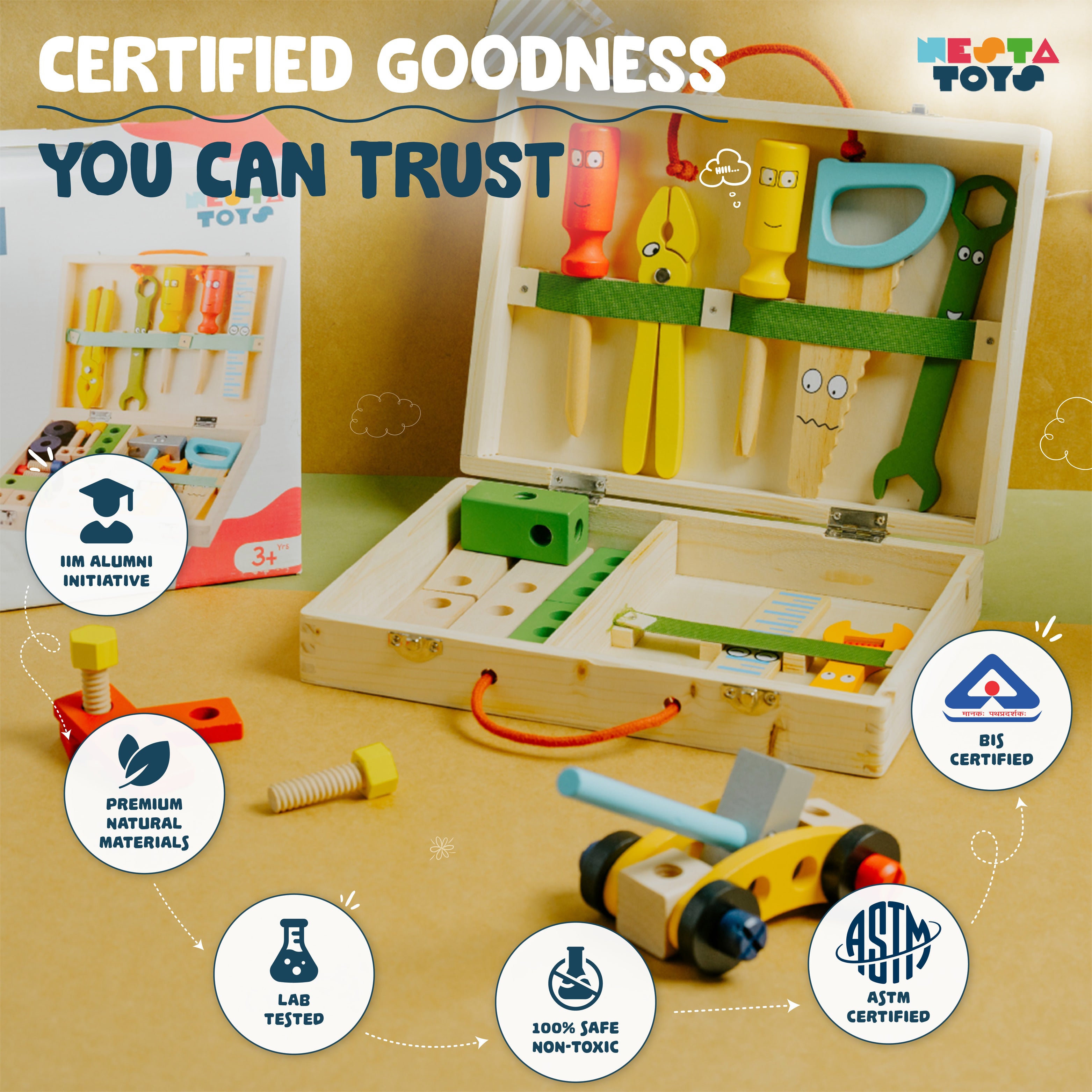 Certified quality and safe wooden toys by NESTA TOYS showing premium materials, non-toxic finishes, durability, and child-safe design features.