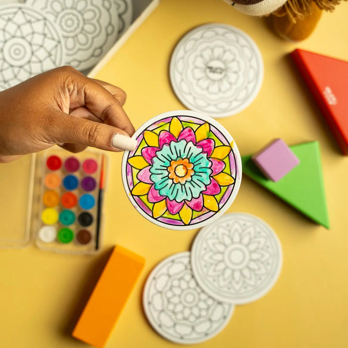 Coloring mandala fridge magnet for kids made from thick recycled paper