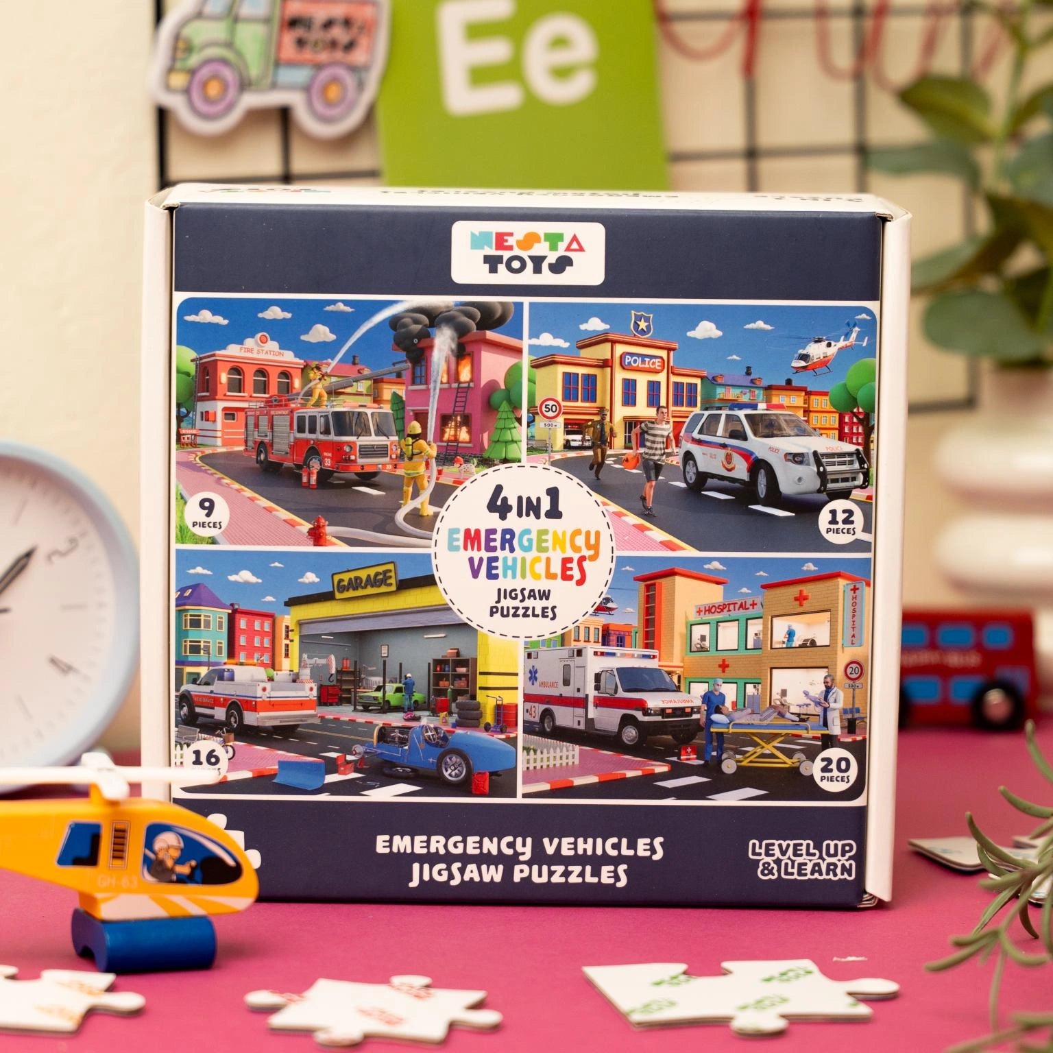 NESTA TOYS emergency vehicles 4 in 1 floor jigsaw puzzle with 9, 12, 16 and 20 pieces for kids
