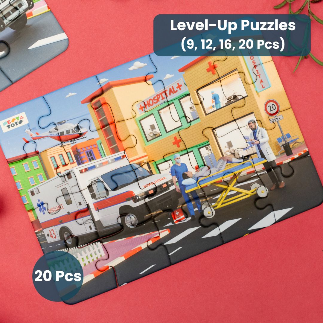 NESTA TOYS emergency vehicles 4 in 1 floor jigsaw puzzle with 9, 12, 16 and 20 pieces for kids