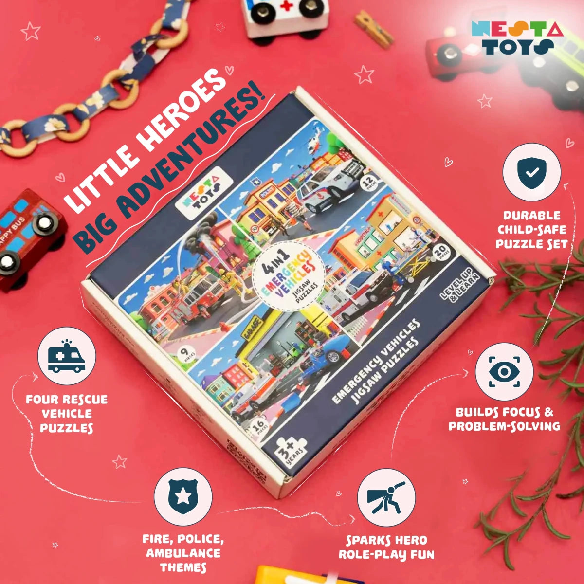 4 in 1 Jigsaw Puzzle - Emergency Vehicles (9 Pcs - 20 Pcs) - NESTA TOYS