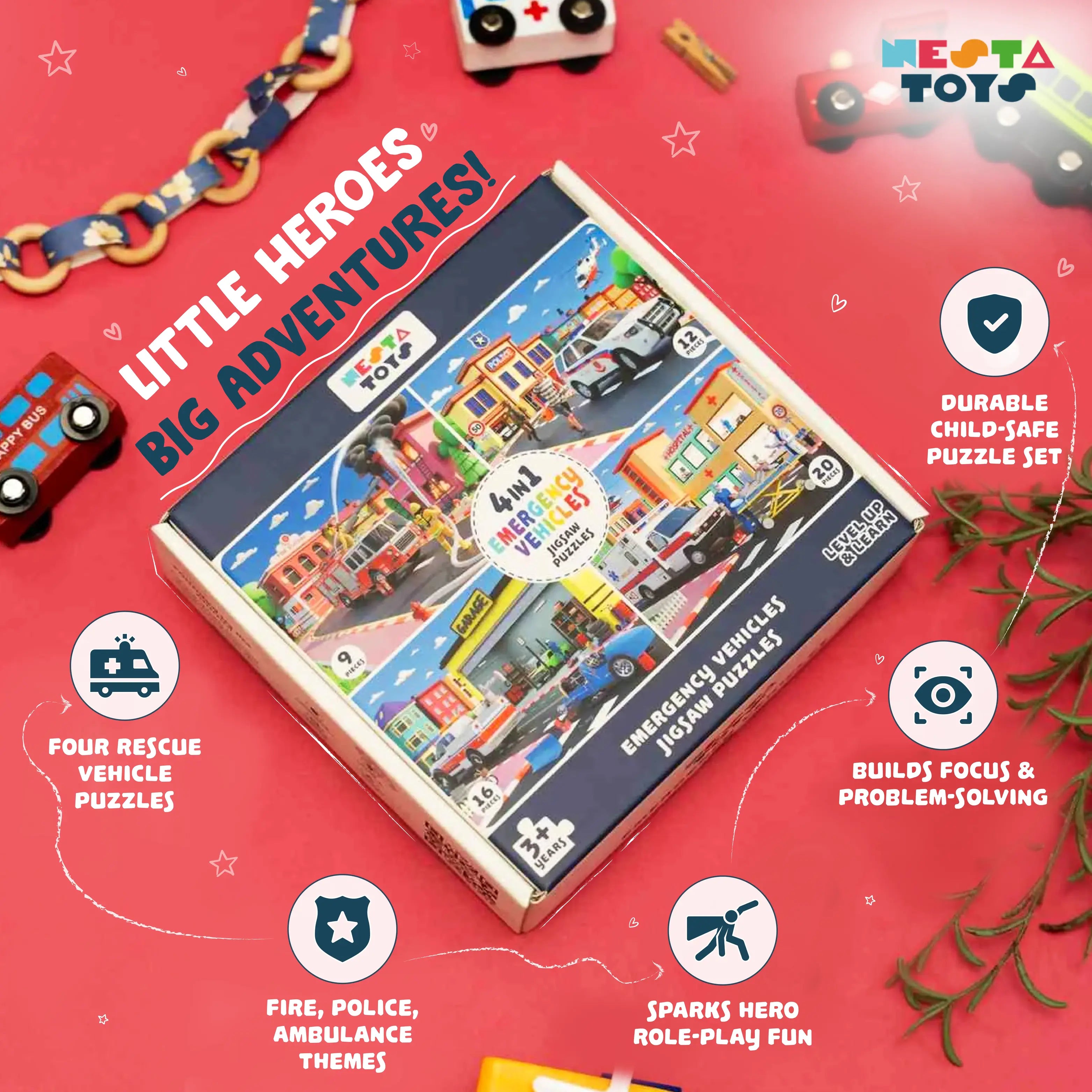 NESTA TOYS emergency vehicles 4 in 1 floor jigsaw puzzle with 9, 12, 16 and 20 pieces for kids