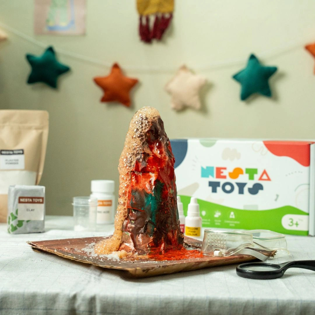 Hands-on STEM volcano science kit with clay, plaster, and safe powders