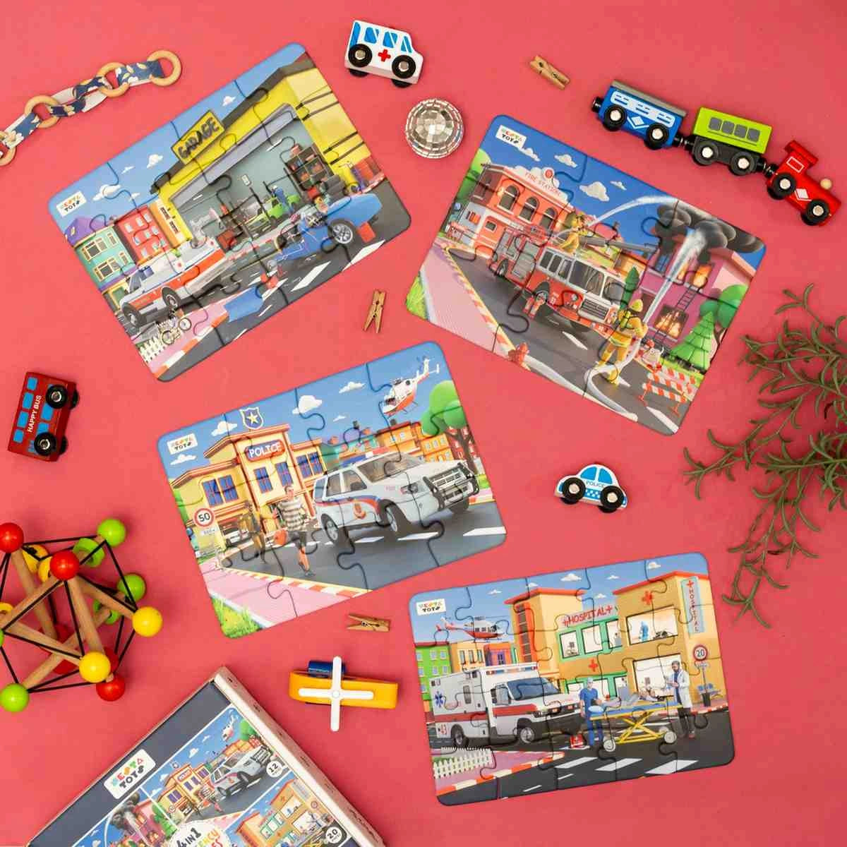 NESTA TOYS emergency vehicles 4 in 1 floor jigsaw puzzle with 9, 12, 16 and 20 pieces for kids