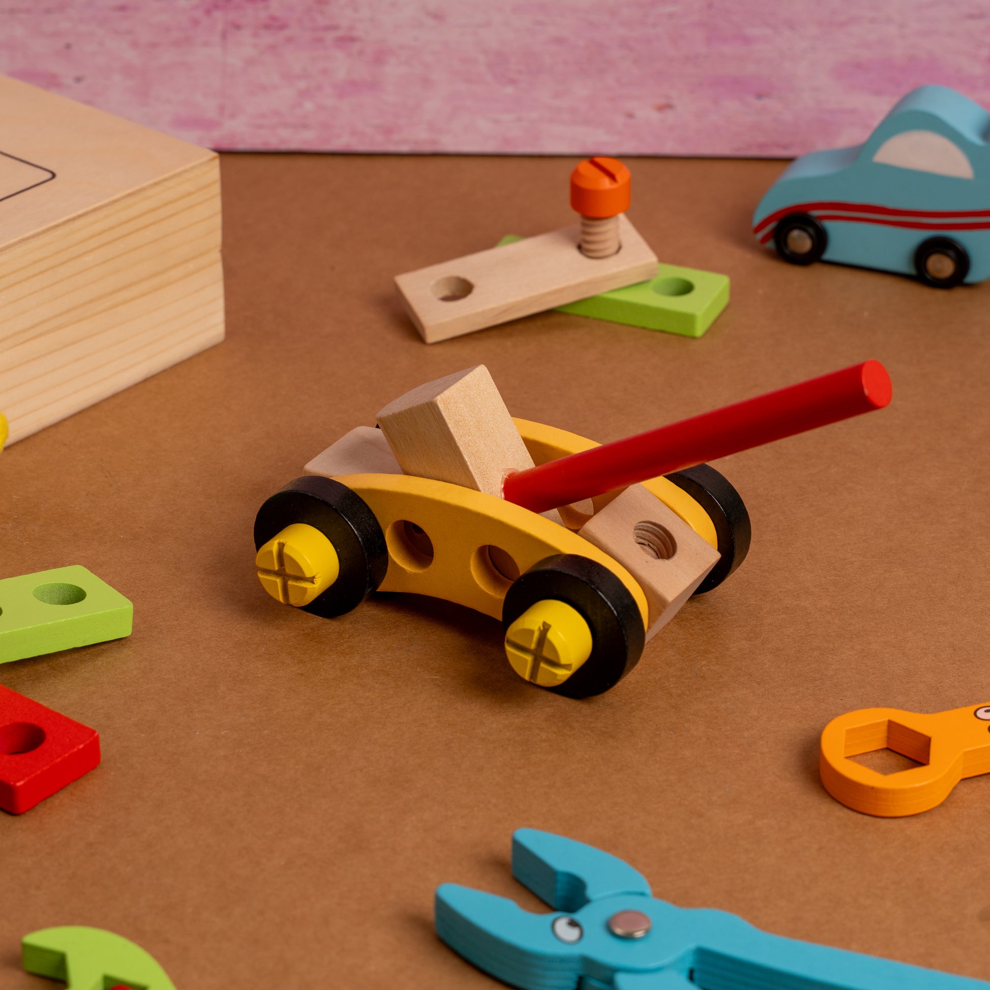 Wooden tool kit toy for kids with 40 pieces including hammer, screwdriver, and wrench