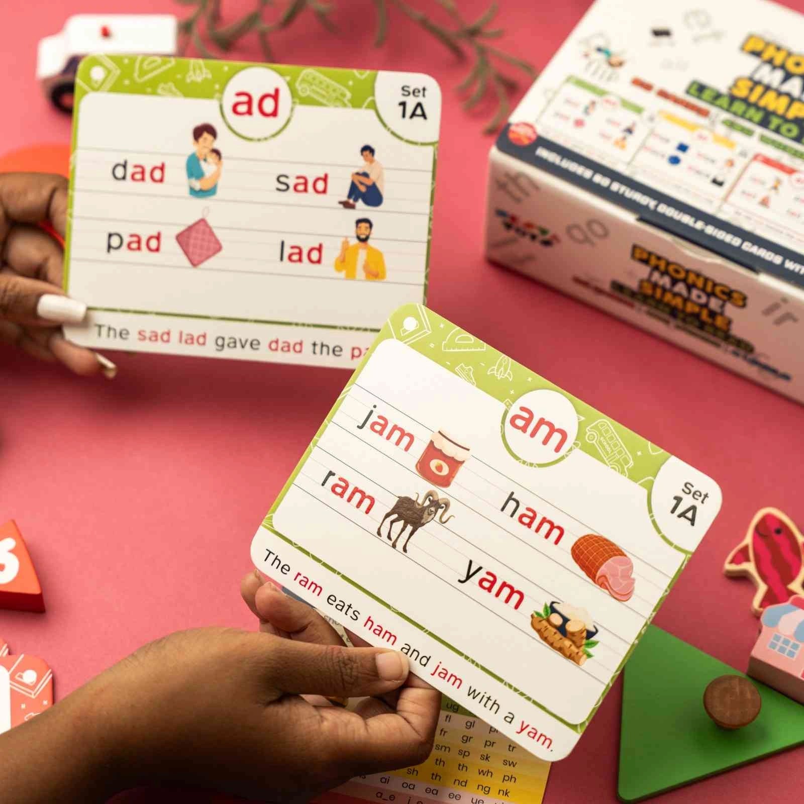 NESTA TOYS large phonics flash cards for learning to read with digraphs CVC blends and long vowel sounds