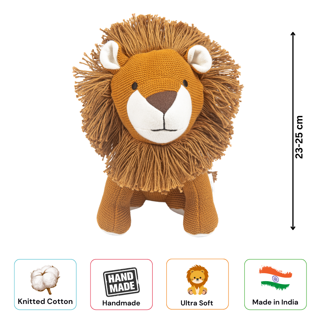 Leo the Lion, Knitted Cotton Animal Plush Toy for Kids, animal soft toy, nesta toys, new born toy, lion soft toy