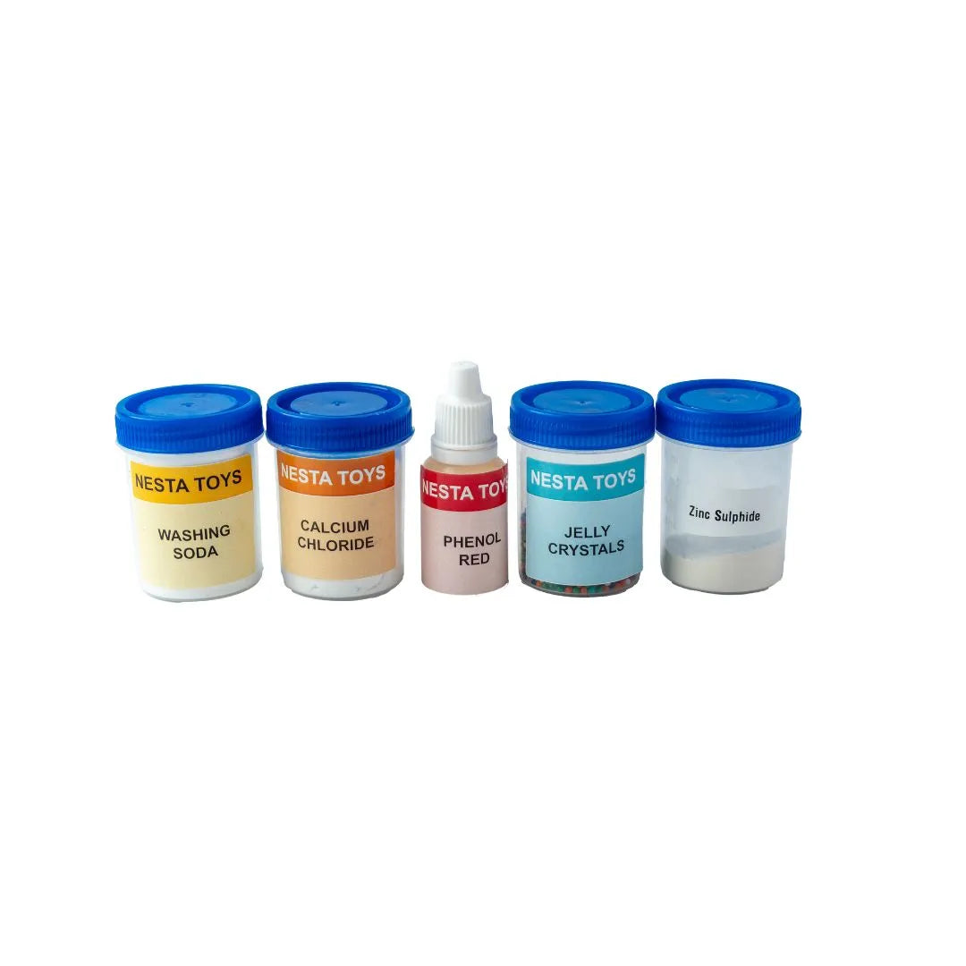 Assorted chemistry experiment powders and labeled containers for kids