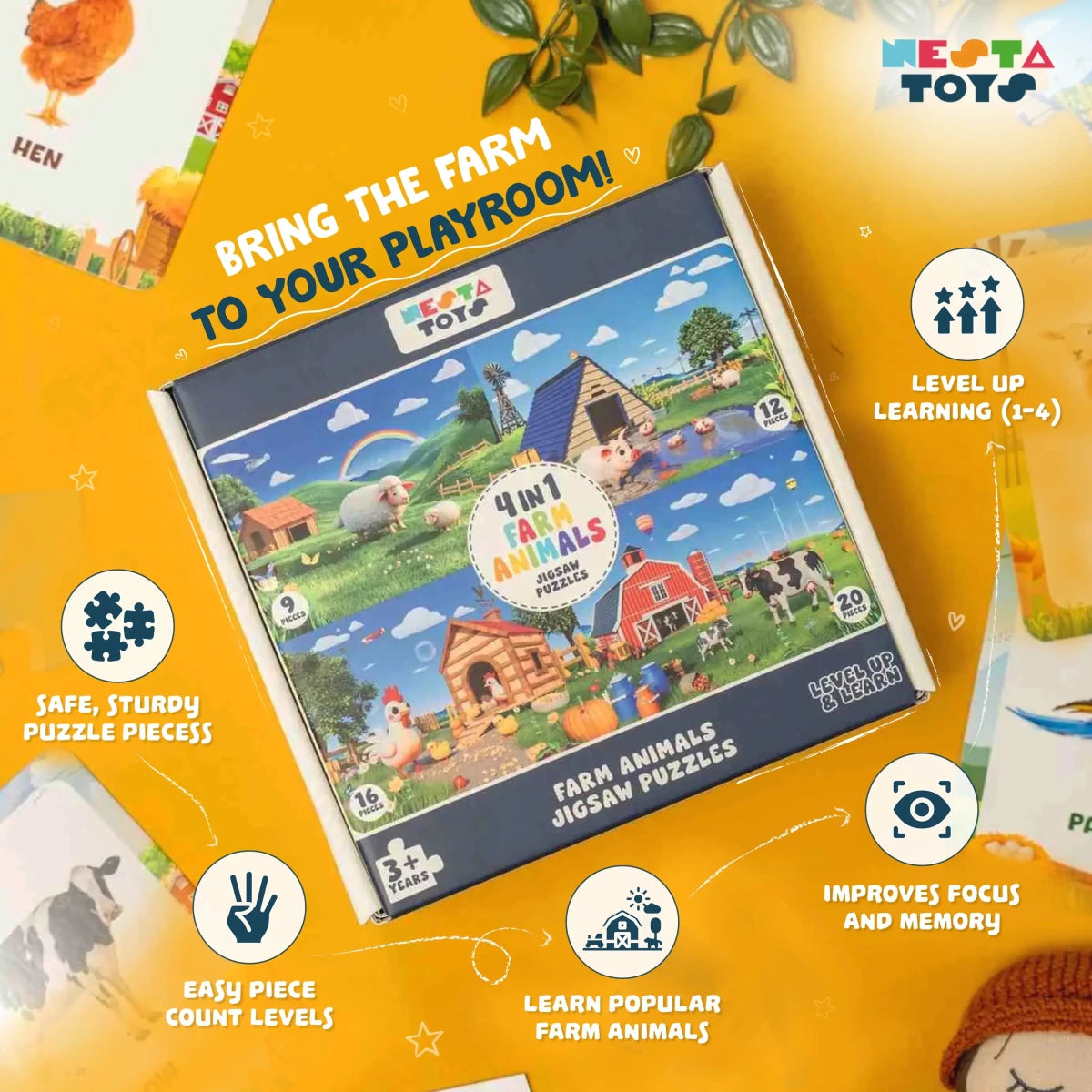 Farm Animals - 4 in 1 Level Up & Learn Jigsaw Puzzle (9 Pcs - 20 Pcs) - NESTA TOYS