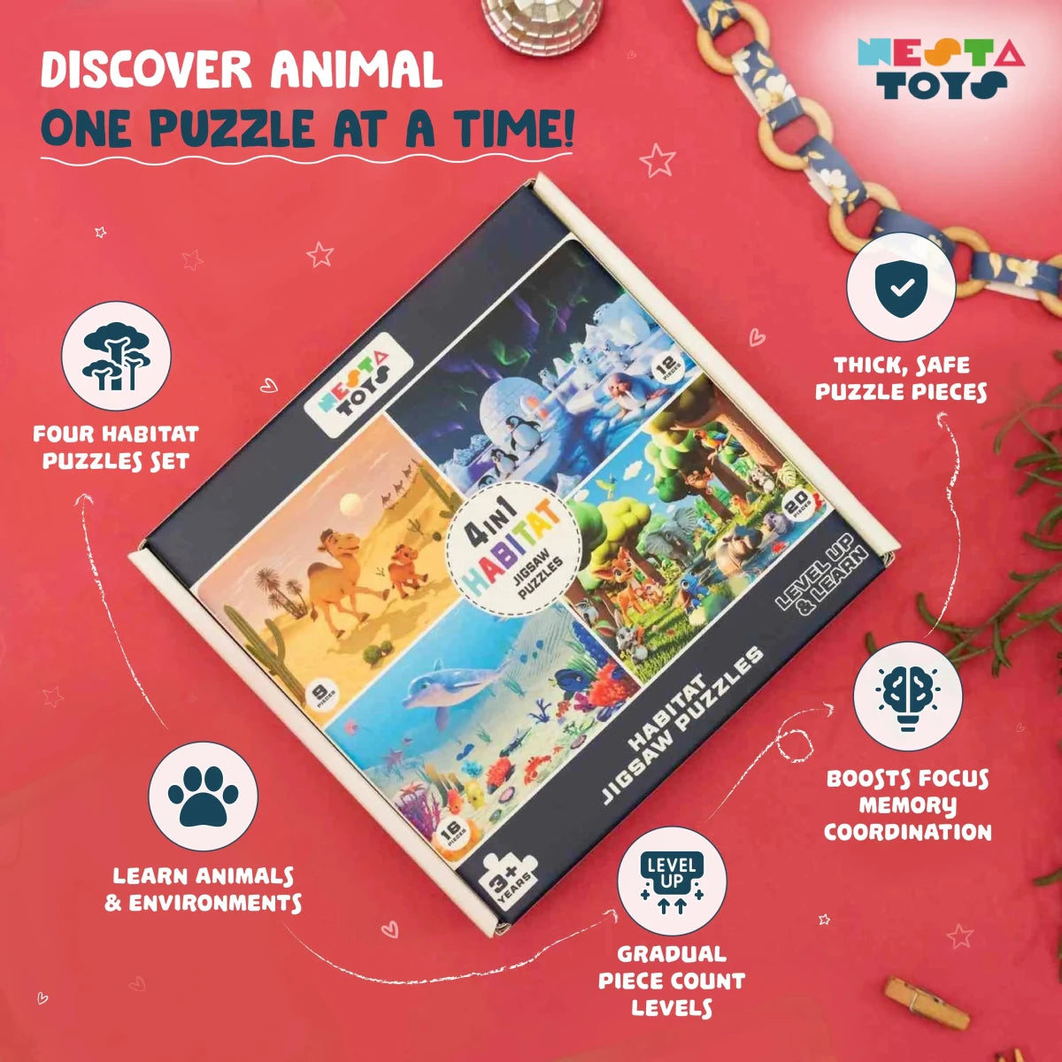 Habitat - 4 in 1 Level Up & Learn Jigsaw Puzzle (9 Pcs - 20 Pcs) - Free Gift - NESTA TOYS