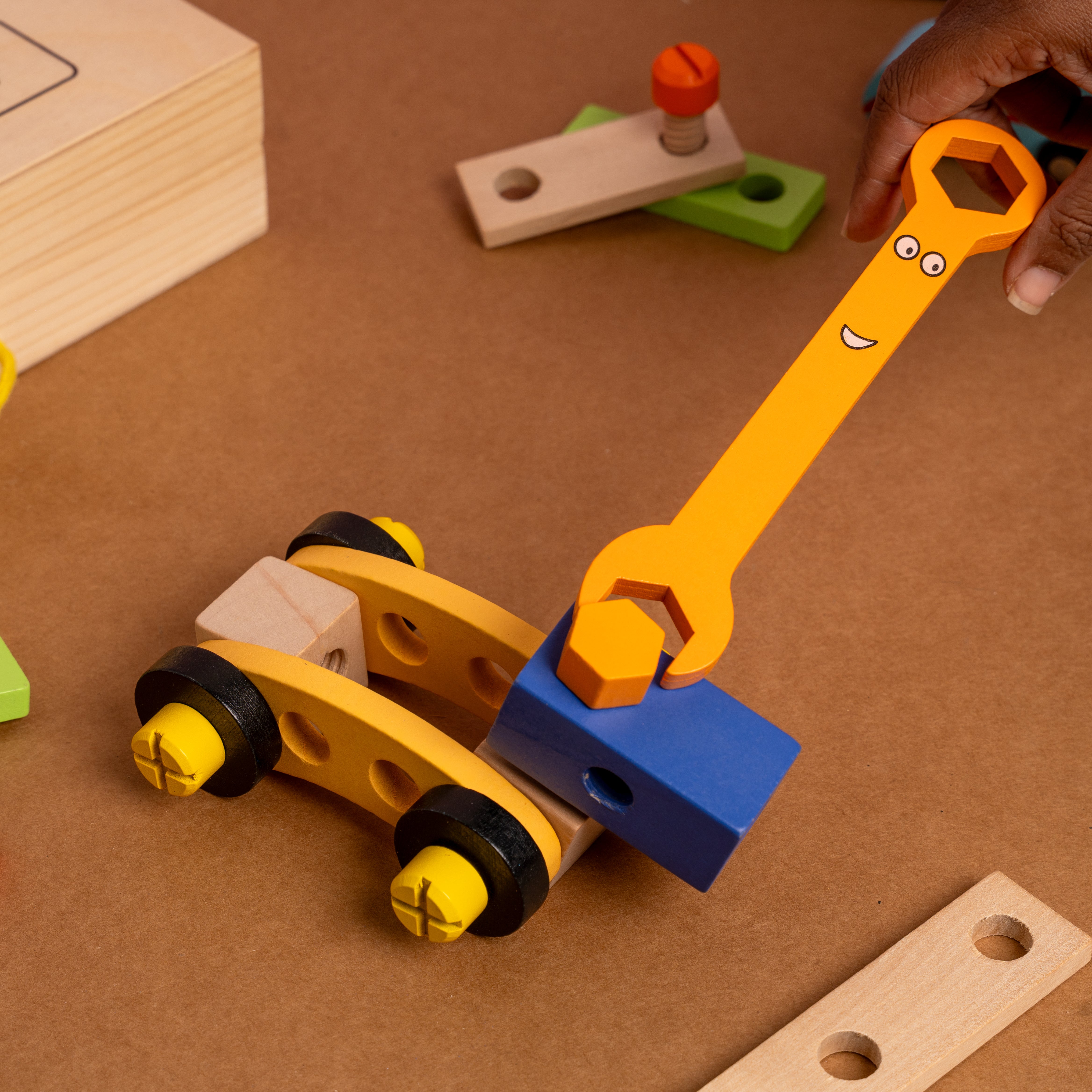 Wooden tool kit toy for kids with 40 pieces including hammer, screwdriver, and wrench