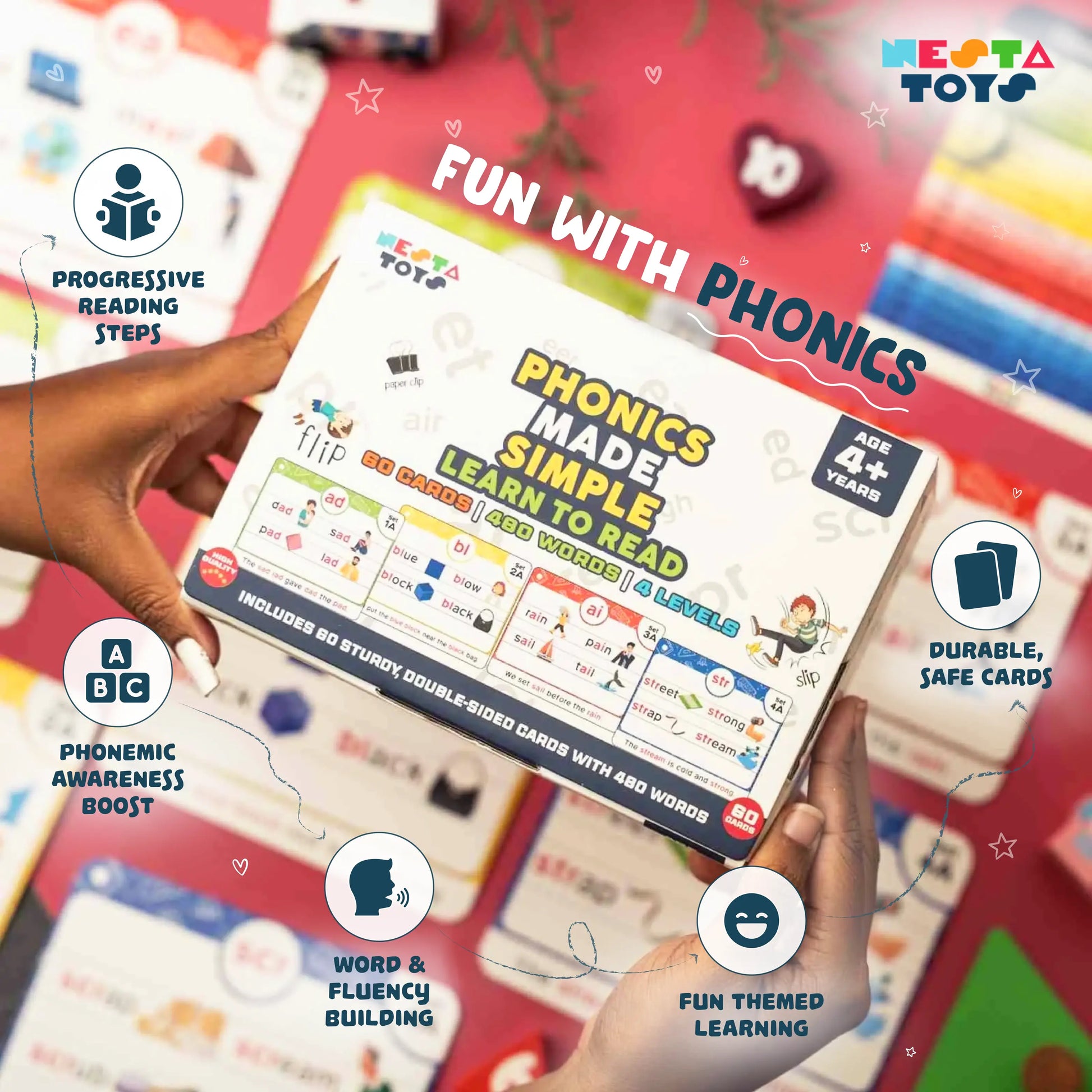 NESTA TOYS phonics flash cards for learning to read with 60 cards and 490 words in 20 stages