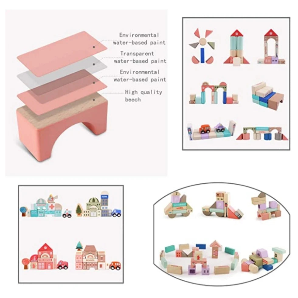 NESTA TOYS Wooden City Building Blocks 115 Pieces Showing Various Sizes and Shapes for Creative Play