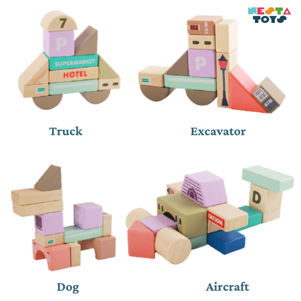 NESTA TOYS Wooden City Building Blocks 115 Pieces Showing Various Sizes and Shapes for Creative Play