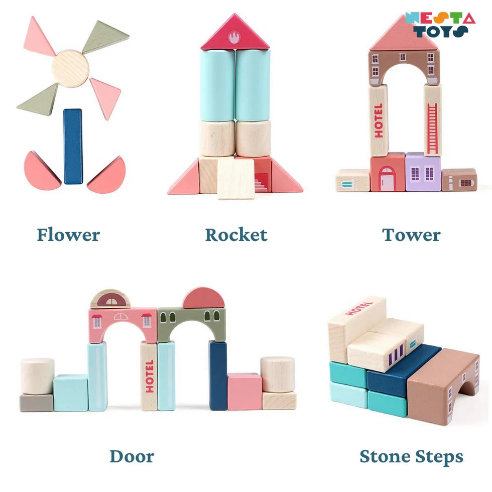 NESTA TOYS Wooden Building Blocks 115 Pieces for Kids Educational Fun