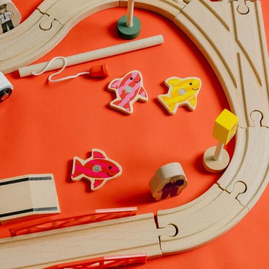 Educational wooden train track set encouraging problem-solving and fine motor skills