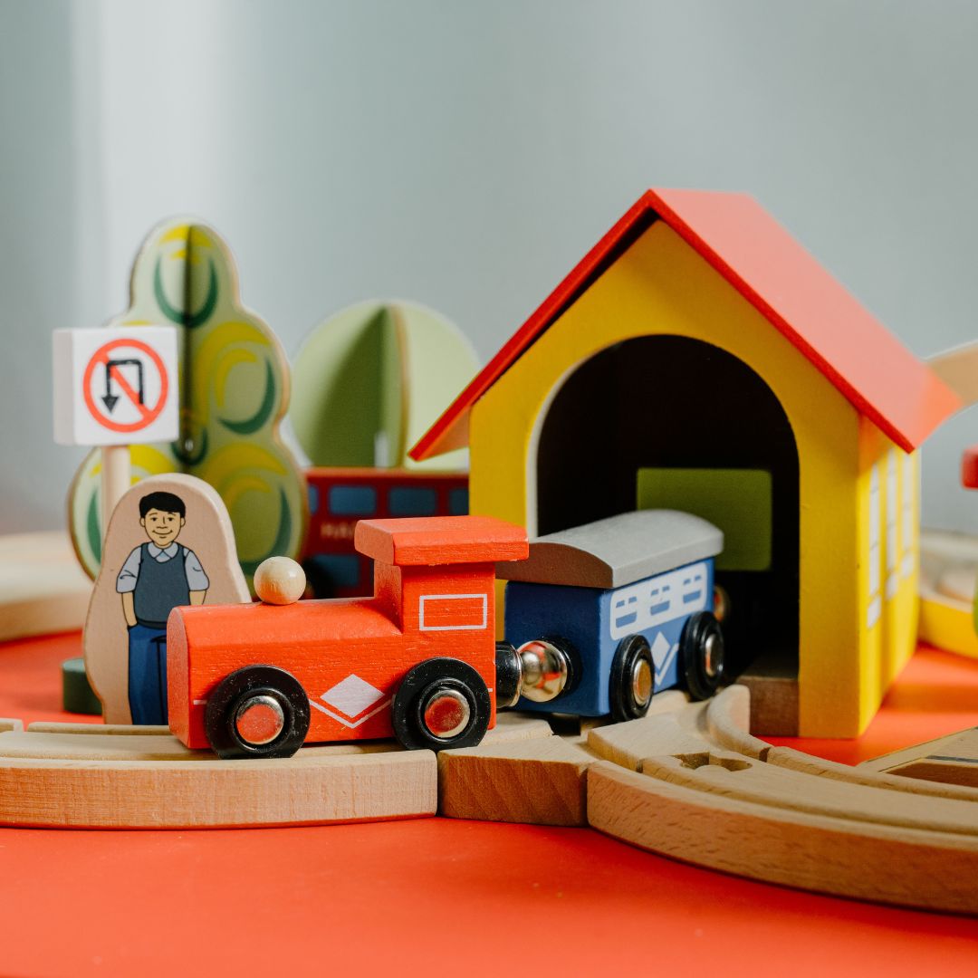 NESTA TOYS 69-Piece Wooden Train Track Set with Vehicles, Bridges, People, and Buildings for Kids Aged 3+ Years, Wooden train Toy, car toys, vehicle toy, train set for kids