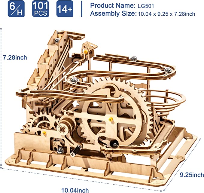 3D Wooden Marble Run Puzzle Craft Toy, Gift for Adults & Teen Boys Girls, Age 14+, DIY Model Building Kits - Waterwheel Coaster