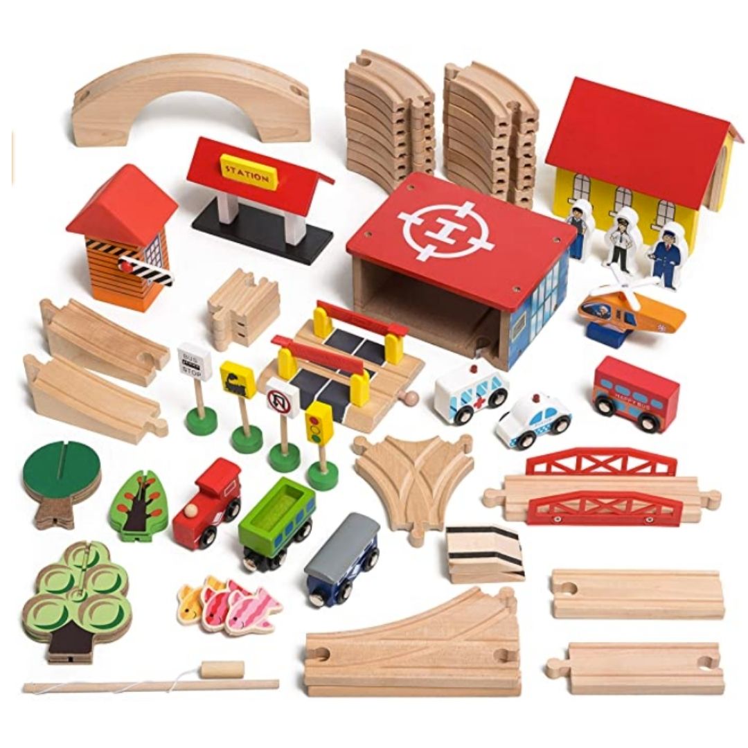 Nesta Toys 69 Pieces Beech Wood Train Track Set, buy wooden role play toys in India, buy Montessori toys online, wooden toy store 